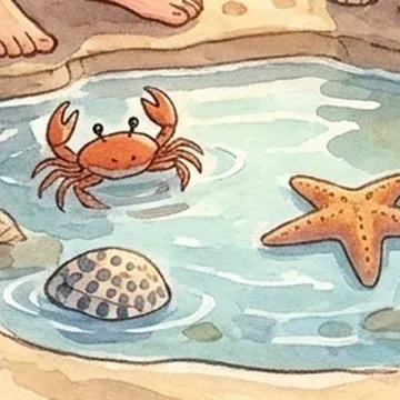 A shallow rock pool with a small orange crab, a starfish and a scallop shell.