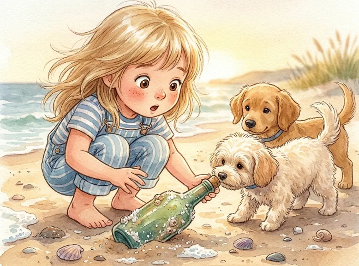 Sienna crouching on the sand, lifting an old green bottle crusted with barnacles, with a rolled paper inside it. Pippy and Tiggy lean in to sniff.