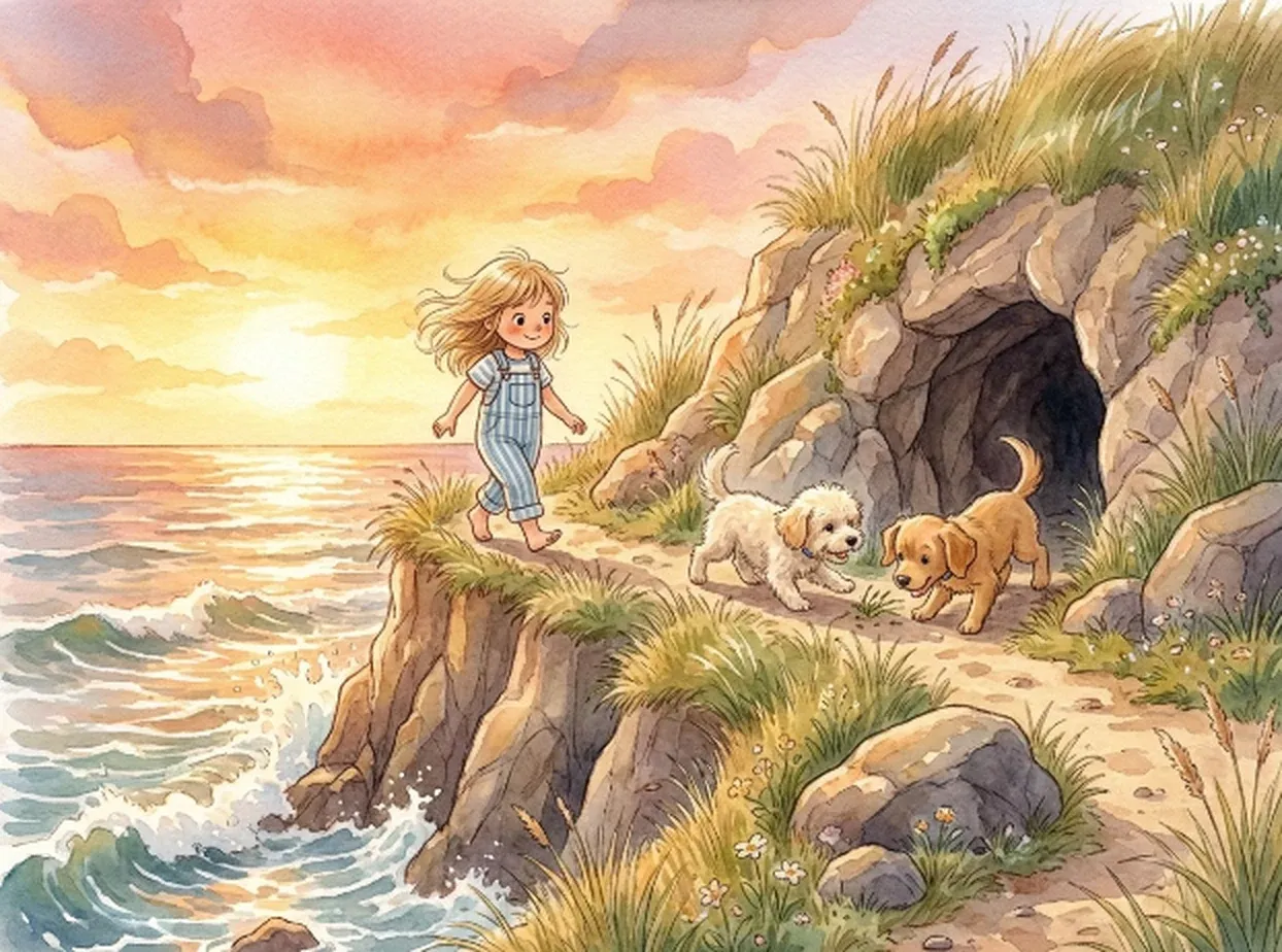 Sienna walking a narrow clifftop path above breaking waves at sunset, with Pippy and Tiggy running ahead towards a dark cave entrance in the rocks.