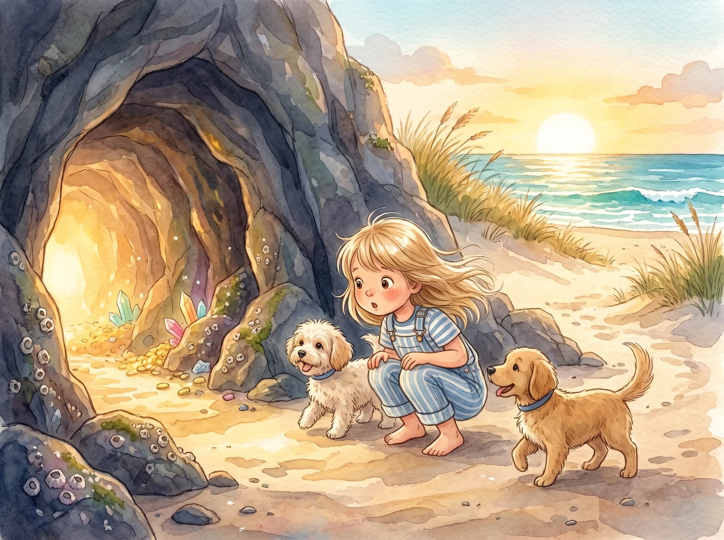 The inside of the cave, lit gold. Sienna and her dogs at the entrance, with coloured crystals and scattered gold coins glinting on the cave floor.