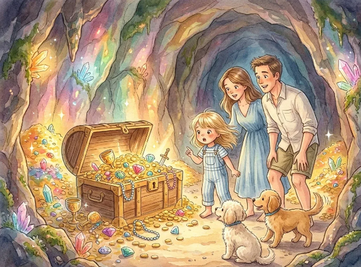 An open treasure chest spilling gold coins and jewels, with Sienna and her family gathered around it in the glittering cave.