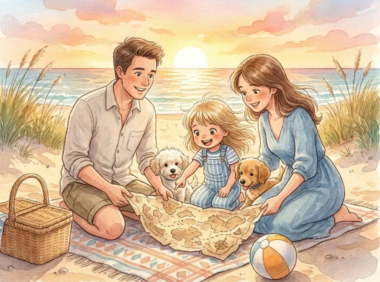 Sienna and her family kneeling on a striped picnic rug at sunset, unrolling a worn treasure map marked with a dotted path and a compass rose.