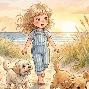 Sienna walking a sandy path through dune grass at sunset with Pippy and Tiggy.