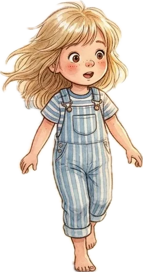 Sienna, a small girl with long fair hair, in striped blue dungarees and bare feet.