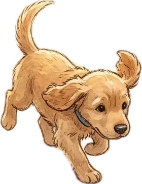 Tiggy, a golden retriever puppy with a blue collar, mid-bound.
