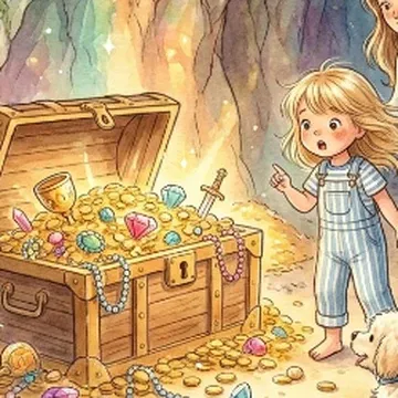 An open chest spilling gold coins and coloured jewels, with Sienna looking on.